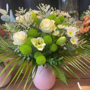 Elegant Mother’s Day flower arrangement with white roses and green chrysanthemums in pink vase